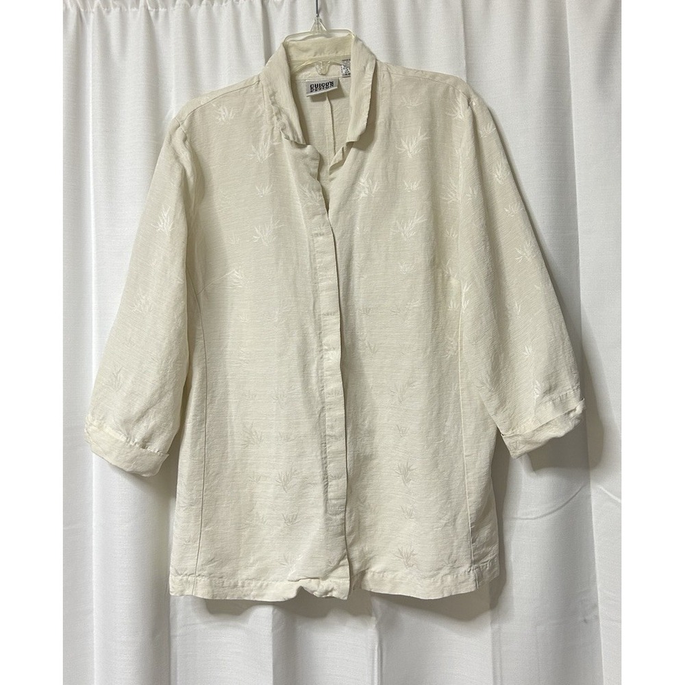 Chico's Design Silk Ivory Blouse Leaf Print 2 Button Front Lightweight Art
